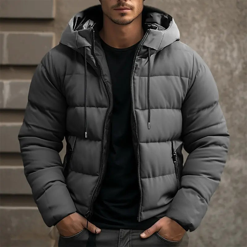 Men's hooded black winter puffer jacket for a sleek look