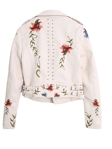 Women's rock style leather  jacket with floral embroidery