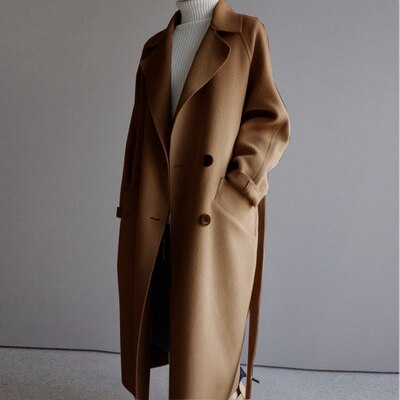 Women's mid-length coat with belt and lapel collar