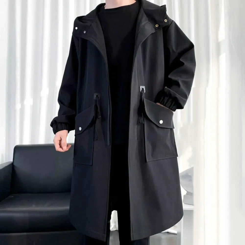 Men's Casual Hooded Trench Coat with Drawstring Waist and Side Pockets