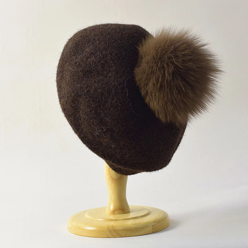 Rosie Wool-Blend Relaxed Fit Beret | Pompom Detail Felted Beret
