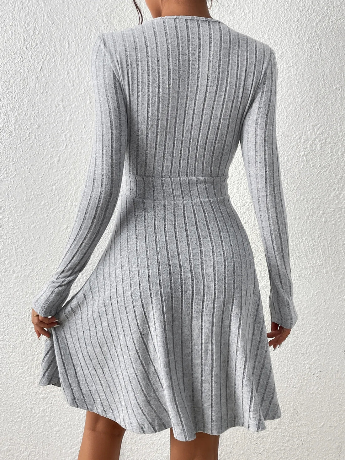 Women's Knit Dress - Ribbed Texture - V-Neck Wrap Style - Long Sleeve Fit & Flare