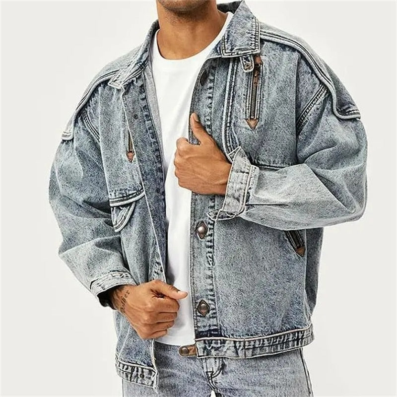 Men’s Oversized Denim Jacket - Button-Up - Distressed Look - Padded Shoulders