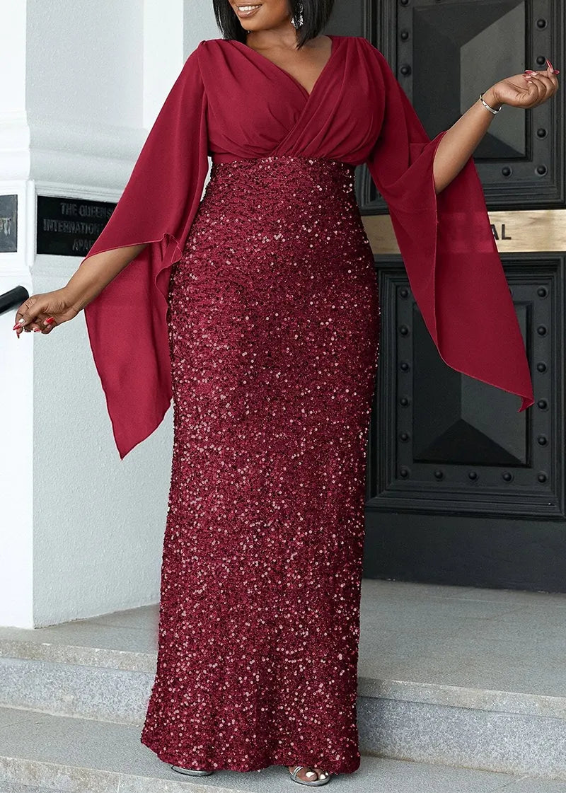 Women's Maxi Dress - V-Neck - Draped Sleeves - Sequin Embellished Elegant Fit