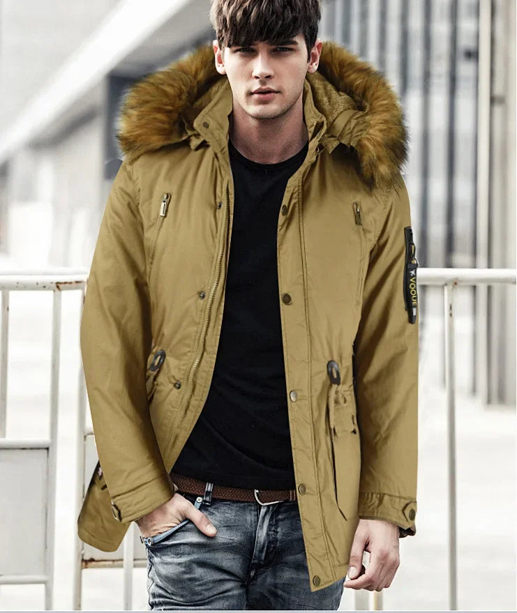 Men's winter parka with removable fur hood