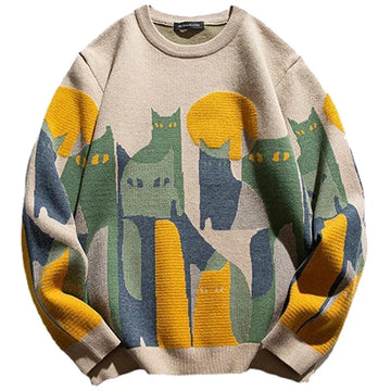 Unisex cat-themed graphic knit sweater