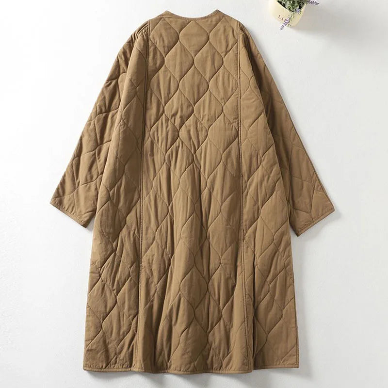 Women’s Coat - Quilted - Oversized Relaxed Fit - Longline - V-Neck - Patch Pockets