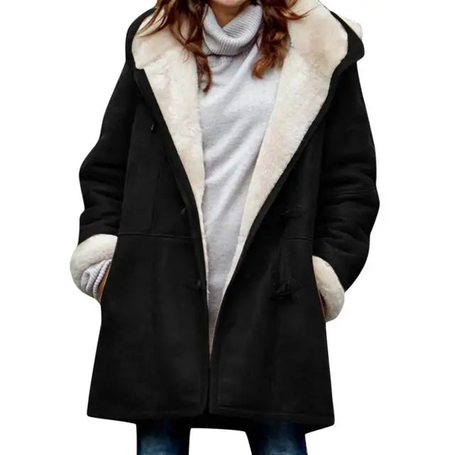 Women's hooded mid-length coat with button closure and pockets