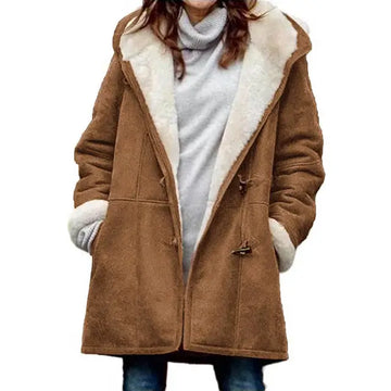 Women's hooded mid-length coat with button closure and pockets