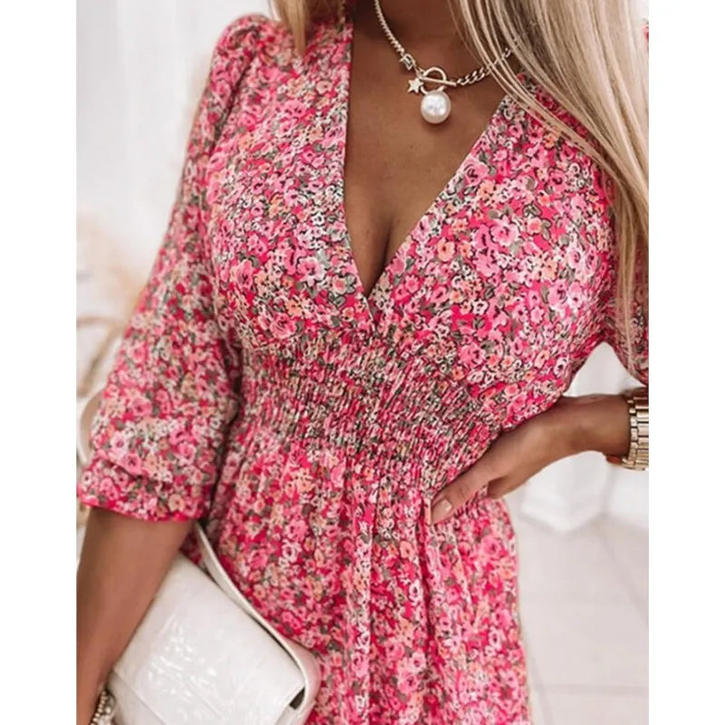 Women's Mini Dress - Floral Print - V-Neck - Long Puff Sleeves - Smocked Waist