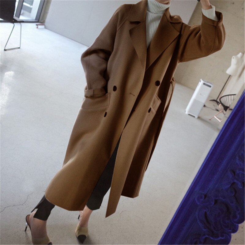 Women's mid-length coat with belt and lapel collar