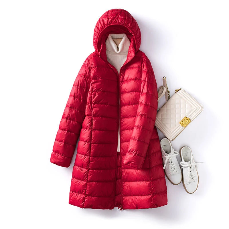 Women's hooded long down jacket with zipper closure