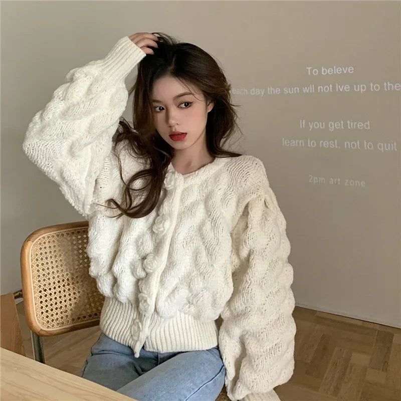 Women's floral button chunky knit cardigan for cozy chic