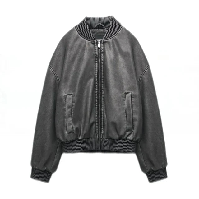 Women's black leather bomber jacket for an edgy urban vibe