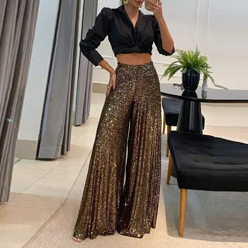 Women's Wide-Leg Sequin Pants - High Waist - Flowing Loose Fit - Glamorous Shine