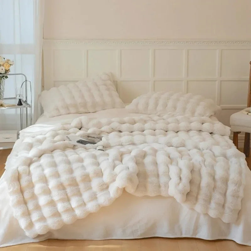 Faux Rabbit Fur Ribbed Throw Blanket