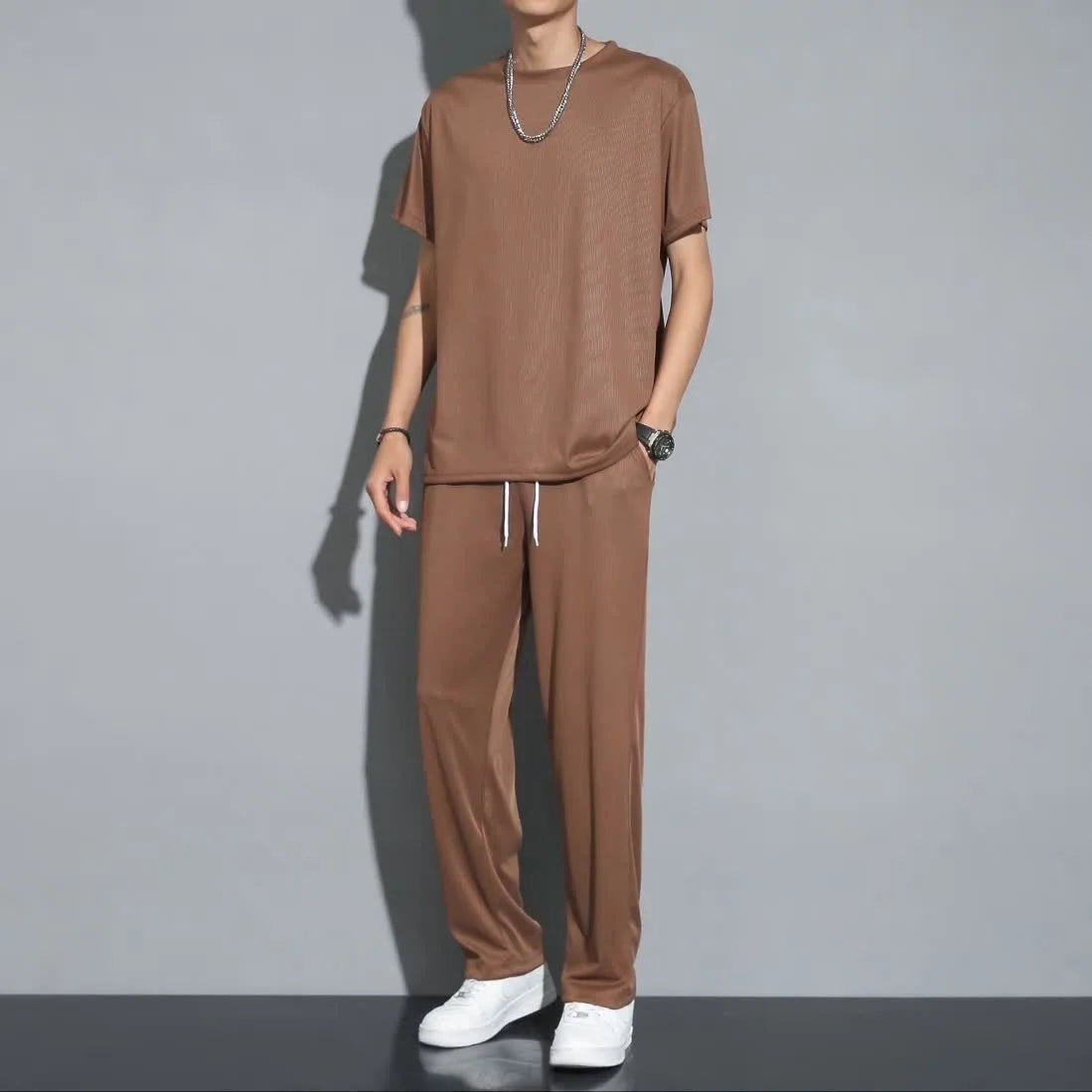 Men's casual long pants and short sleeve shirt set