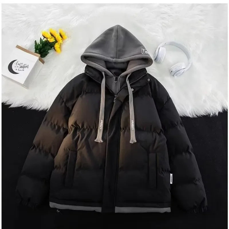 Two-tone hooded puffer jacket