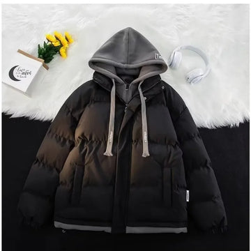 Unisex warm and stylish hooded down coat with contrast panels