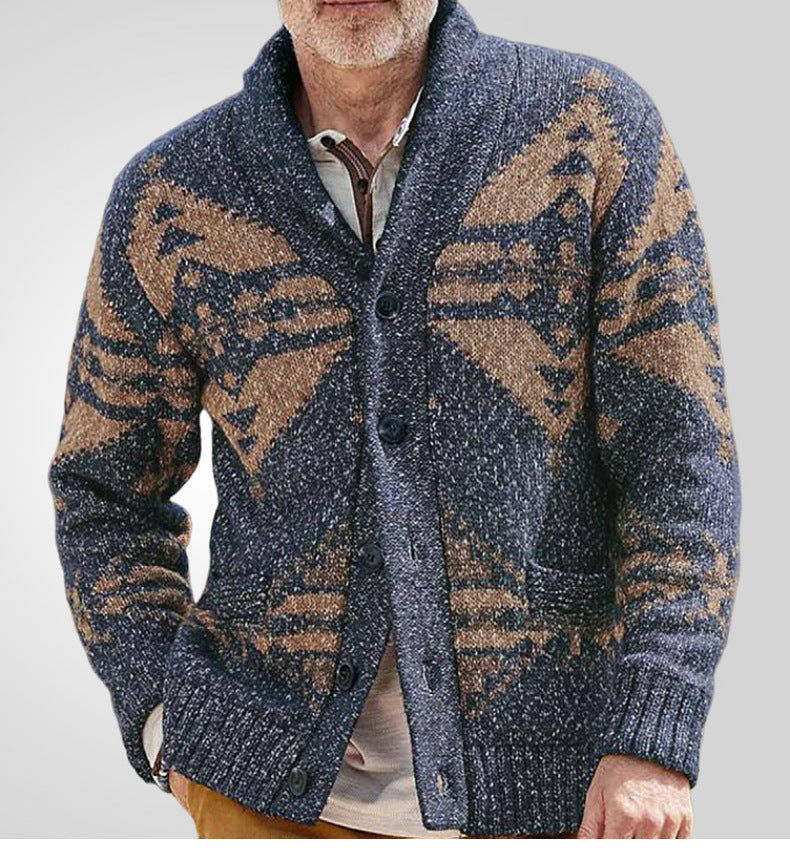 Men’s Cardigan Sweater – Relaxed Fit – Wool Knit – Geometric Pattern – Button Front