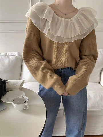 Women's ruffled collar knit sweater