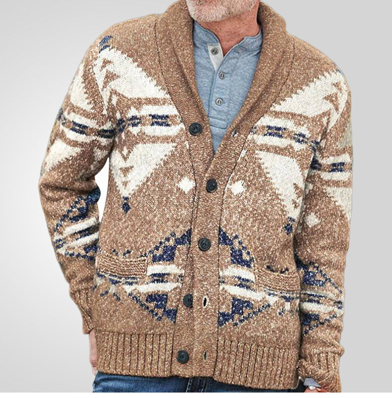 Men’s Cardigan Sweater – Relaxed Fit – Wool Knit – Geometric Pattern – Button Front