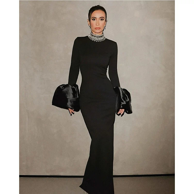 Women's Evening Gown - Form-Fitting - Embellished High Neck - Long Sleeve with Cuffs - Side Slit