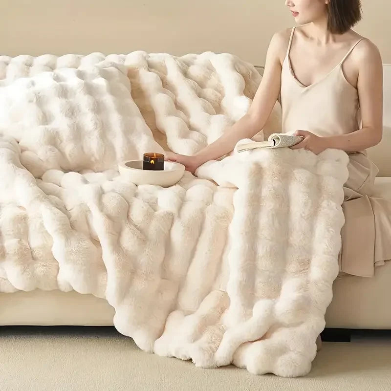 Faux Rabbit Fur Ribbed Throw Blanket