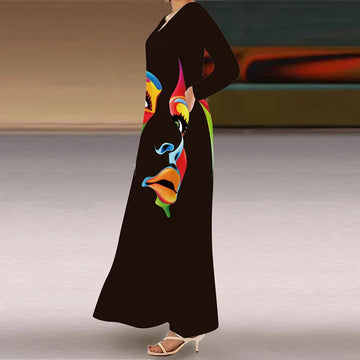 Abstract face print maxi dress for an artsy look