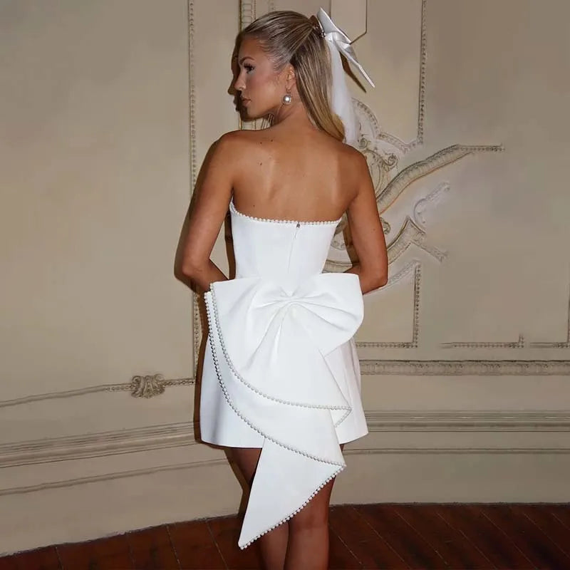 Women’s Mini Dress – Strapless Satin – Slim Fit – Back Bow – Beaded Trim Partywear