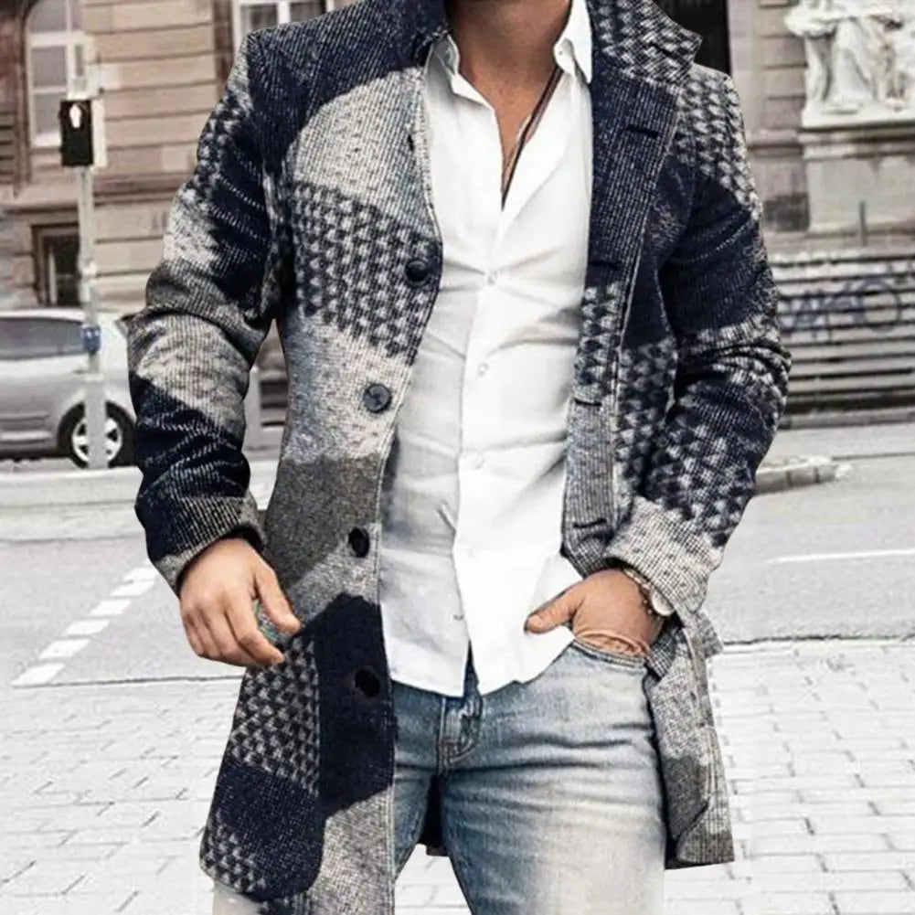 Men’s Long Coat - Wool Blend - Tailored Fit - Checkered Pattern - Notched Lapel