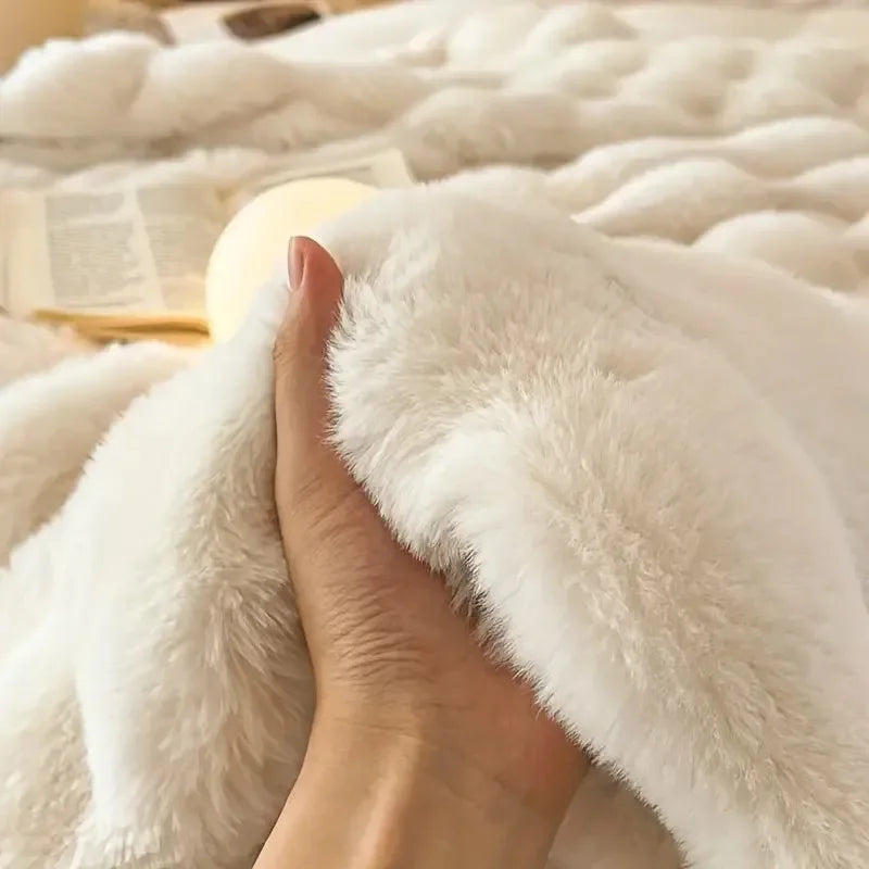 Faux Rabbit Fur Ribbed Throw Blanket