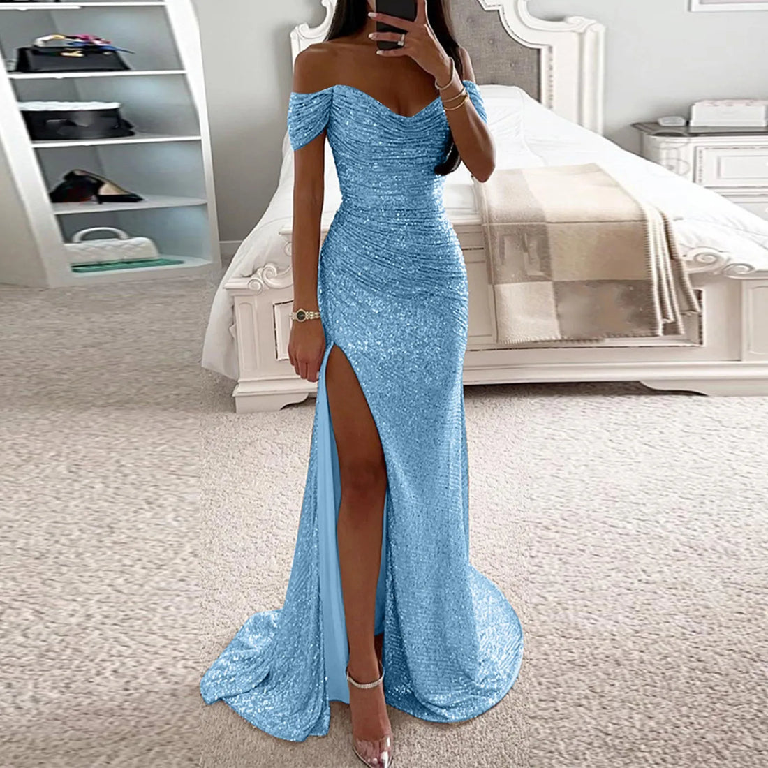 Women's Off-Shoulder Evening Gown - Ruched Fit - Sequined Floor-Length with Slit