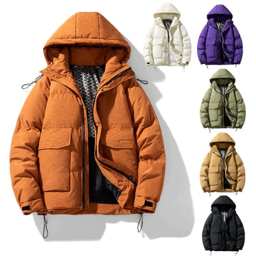 Men's warm hooded puffer jacket with multiple pockets