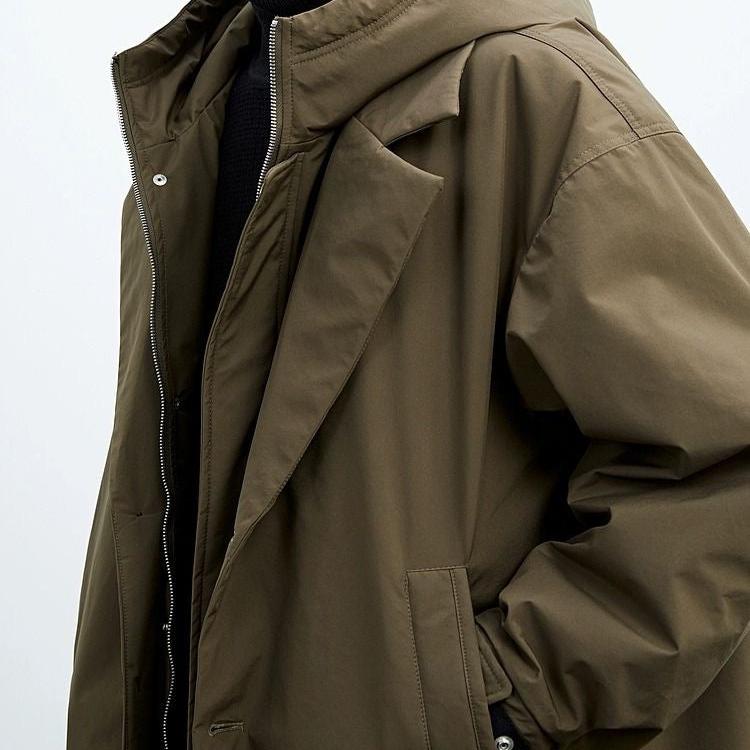 Men’s Trench Coat - Long Hooded Design - Water-Resistant - Button & Zip Closure