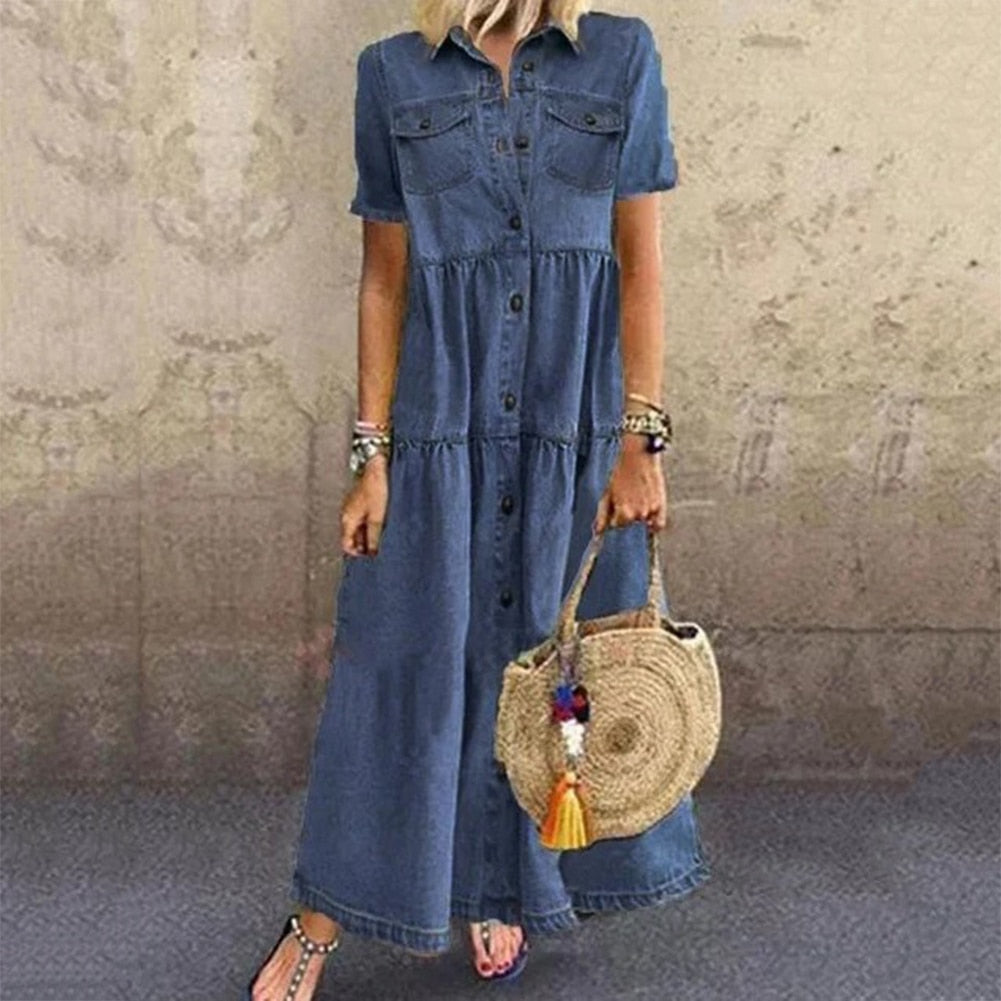 Women's Denim Button-Down Dress - Short Sleeve - Collared - Tiered Loose Fit - Mid-Length