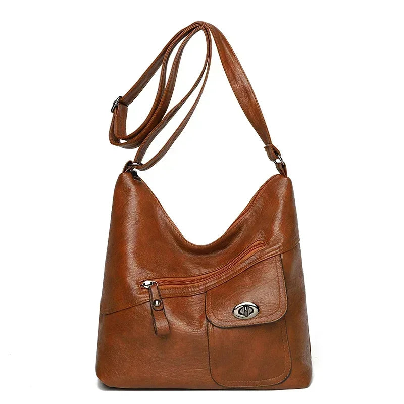 Rosie Faux Leather Slouchy Shoulder Bag | Turn-Lock Closure Adjustable Strap Shoulder Bag