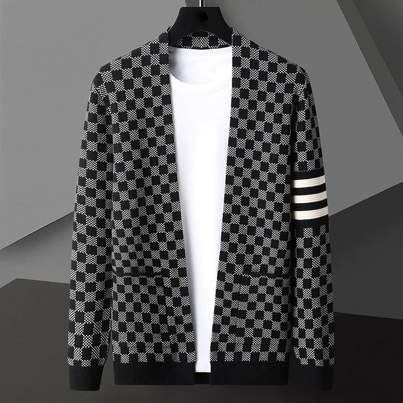 Men's checkered knit cardigan for a bold statement