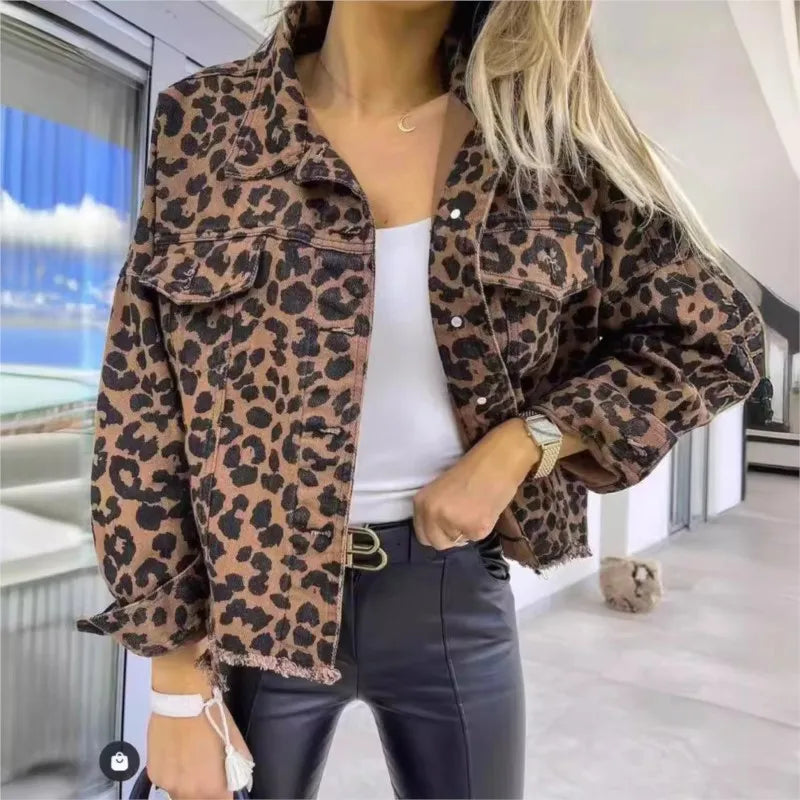 Women's leopard print denim jacket for bold fashion