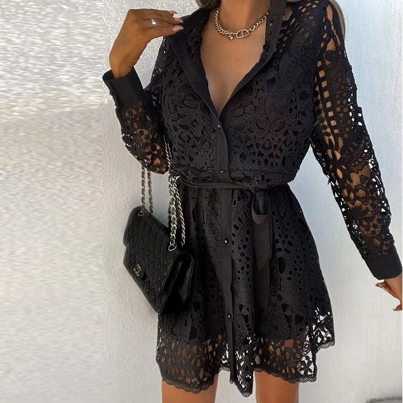 Women's Lace Dress - Collared Neckline - Long Sleeve - Button Front - Waist Tie