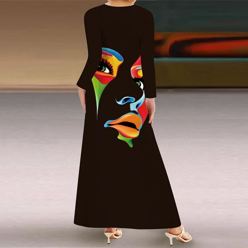 Abstract face print maxi dress for an artsy look