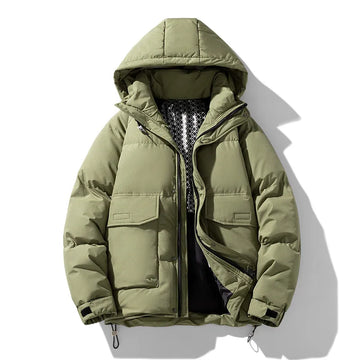 Men's warm hooded puffer jacket with multiple pockets