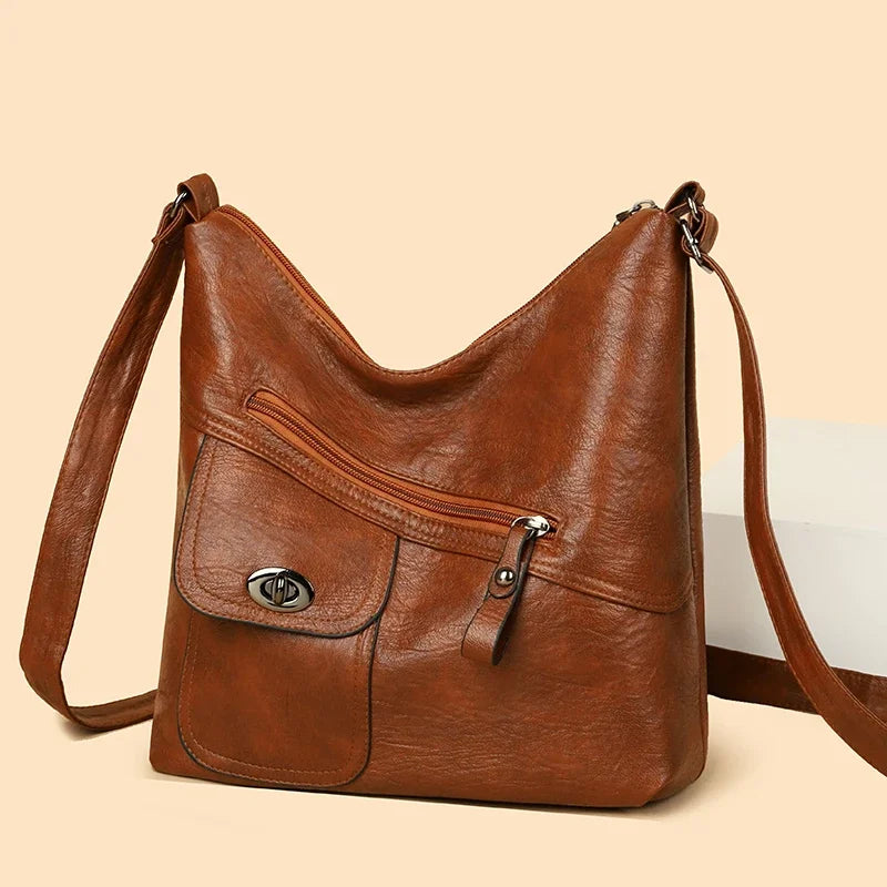 Rosie Faux Leather Slouchy Shoulder Bag | Turn-Lock Closure Adjustable Strap Shoulder Bag