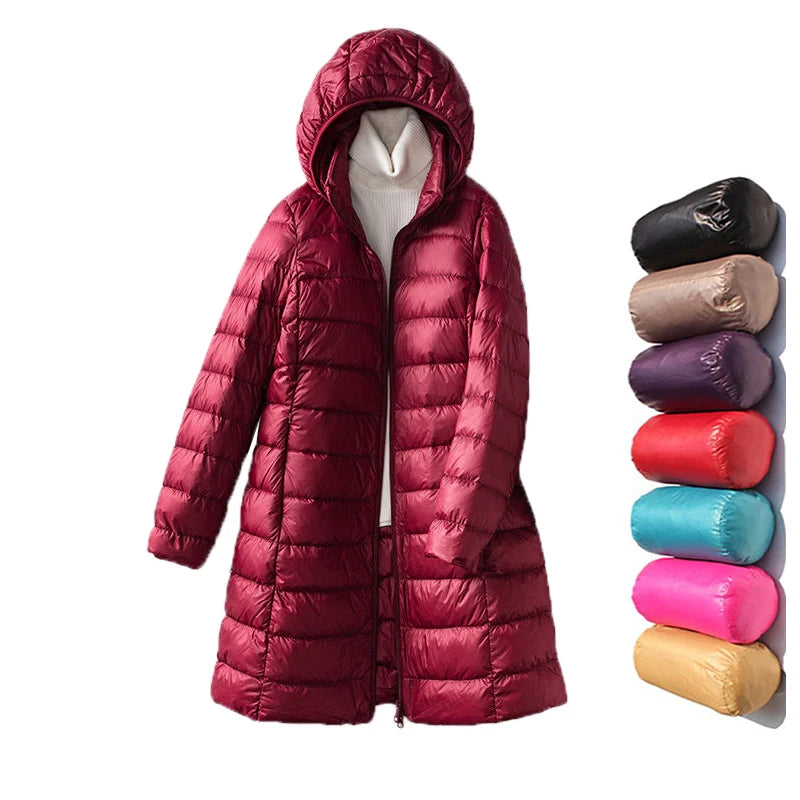 Women's hooded long down jacket with zipper closure