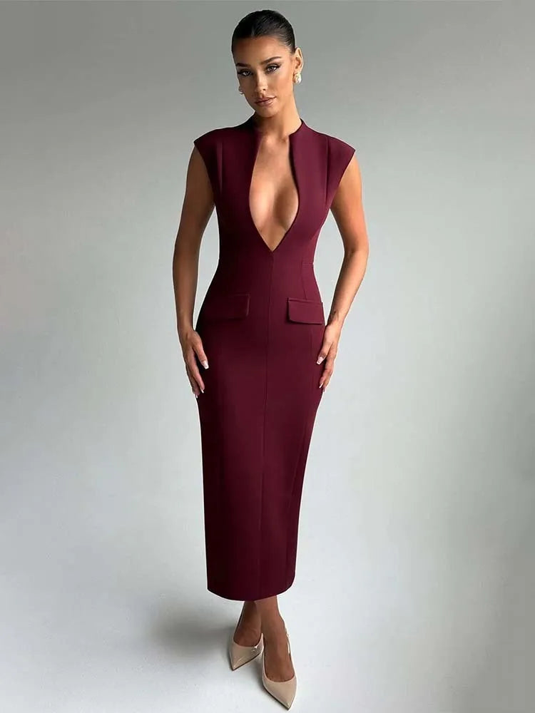 Women’s Midi Dress – Bodycon Fit – Deep V-Neck – Sleeveless – Stretch Structured Fabric