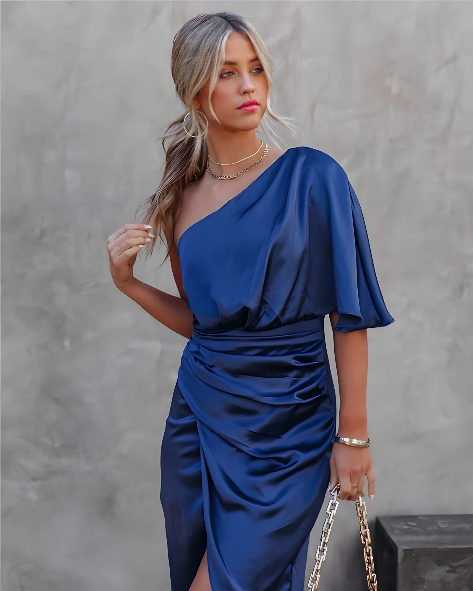 Women's One-Shoulder Satin Dress - Draped Waist - Wrap-Style Skirt with Slit - Elegant Fit