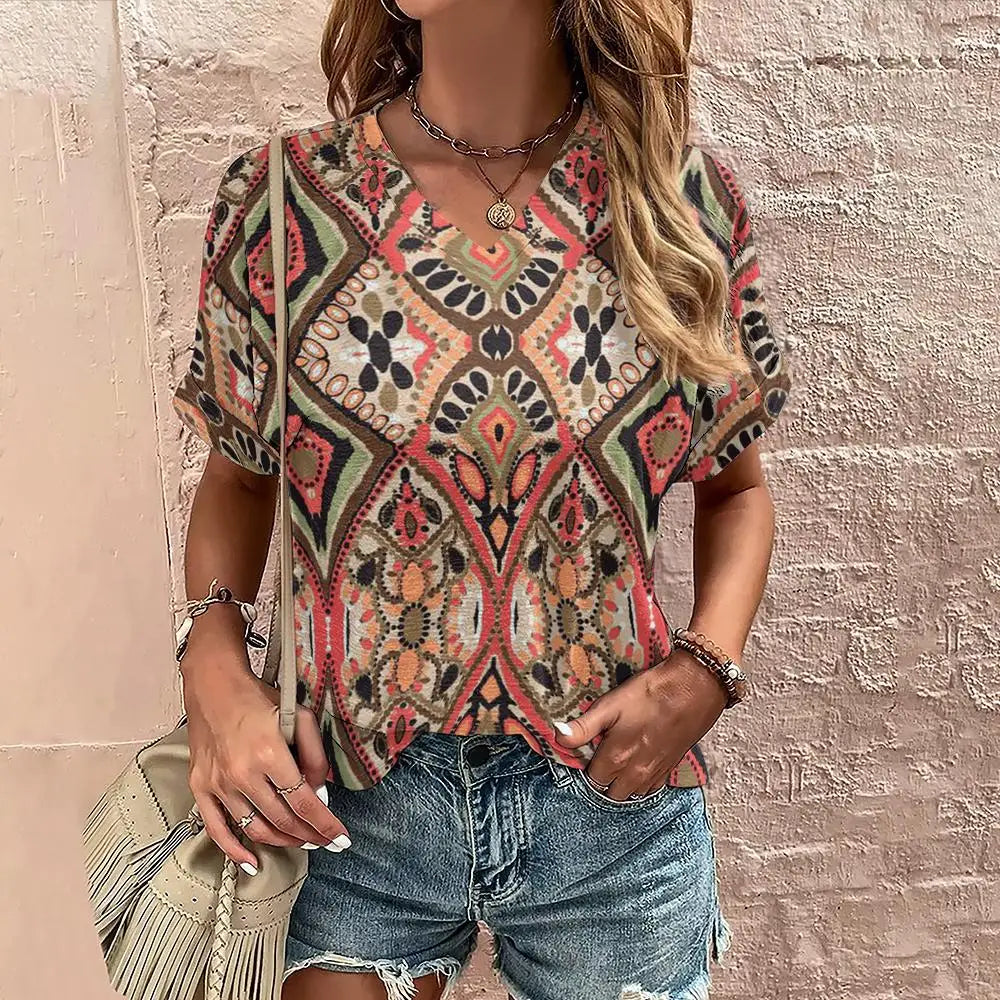 Women's short sleeve v neck top with tribal pattern