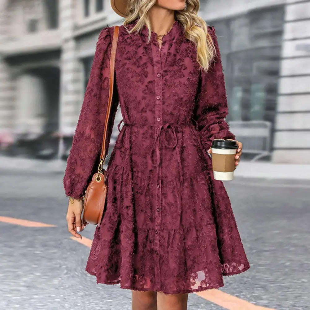 Women's Lace Midi Dress - A-Line Silhouette - Long Sleeve Belted Shirt Dress