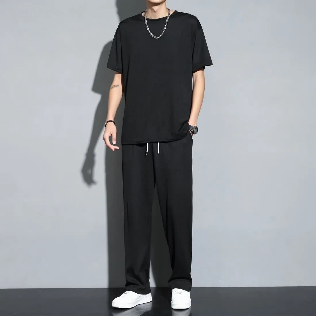 Men's casual long pants and short sleeve shirt set