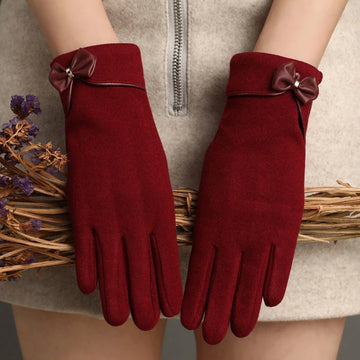 Amelia Wool-Blend Form-Fitting Gloves | Bow Detail Contrast Trim Gloves